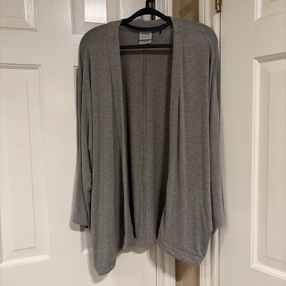Prana Womens Open Front Cardigan Gray Large Tencel Modal Dolman Sleeve Sweater